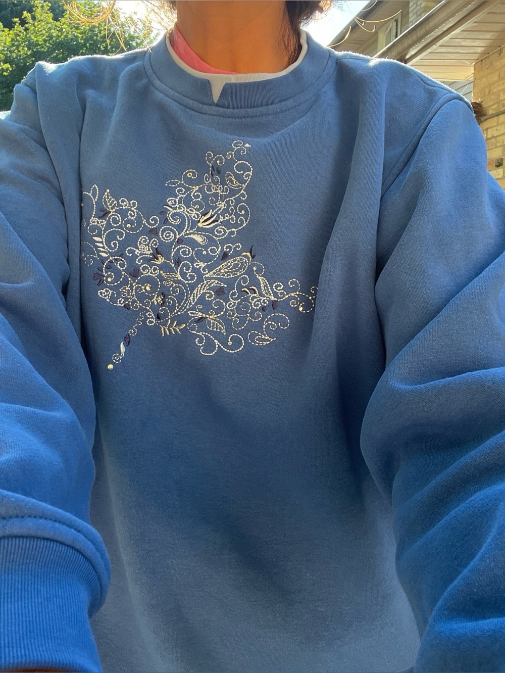 Northern Reflections Blue Crewneck Sweater with Silver Floral Accents